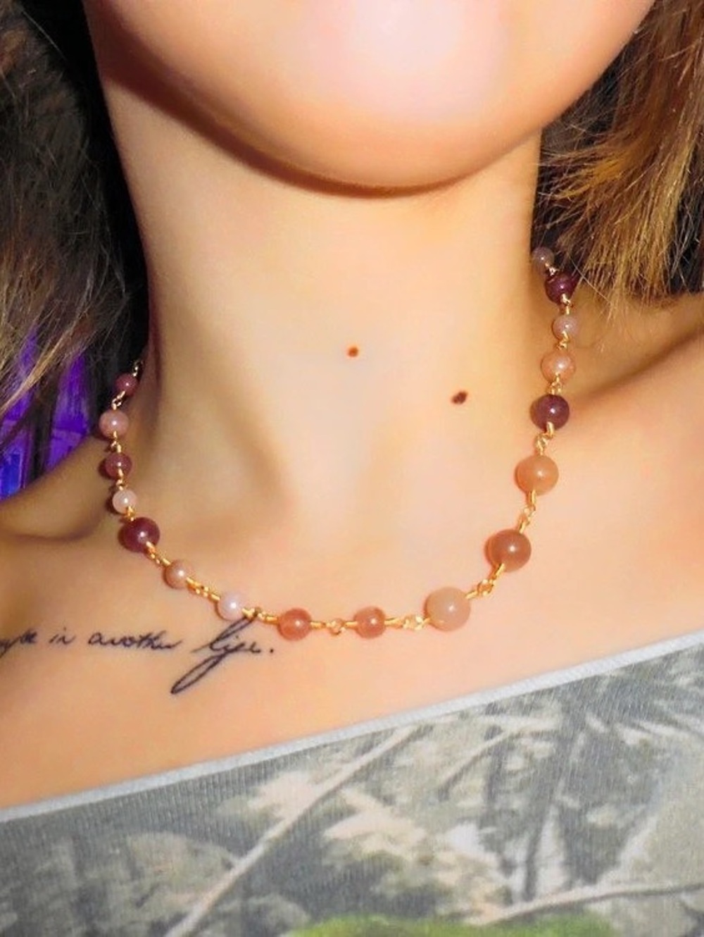 Handmade Beaded Necklace in Pink & Orange Sunstone
